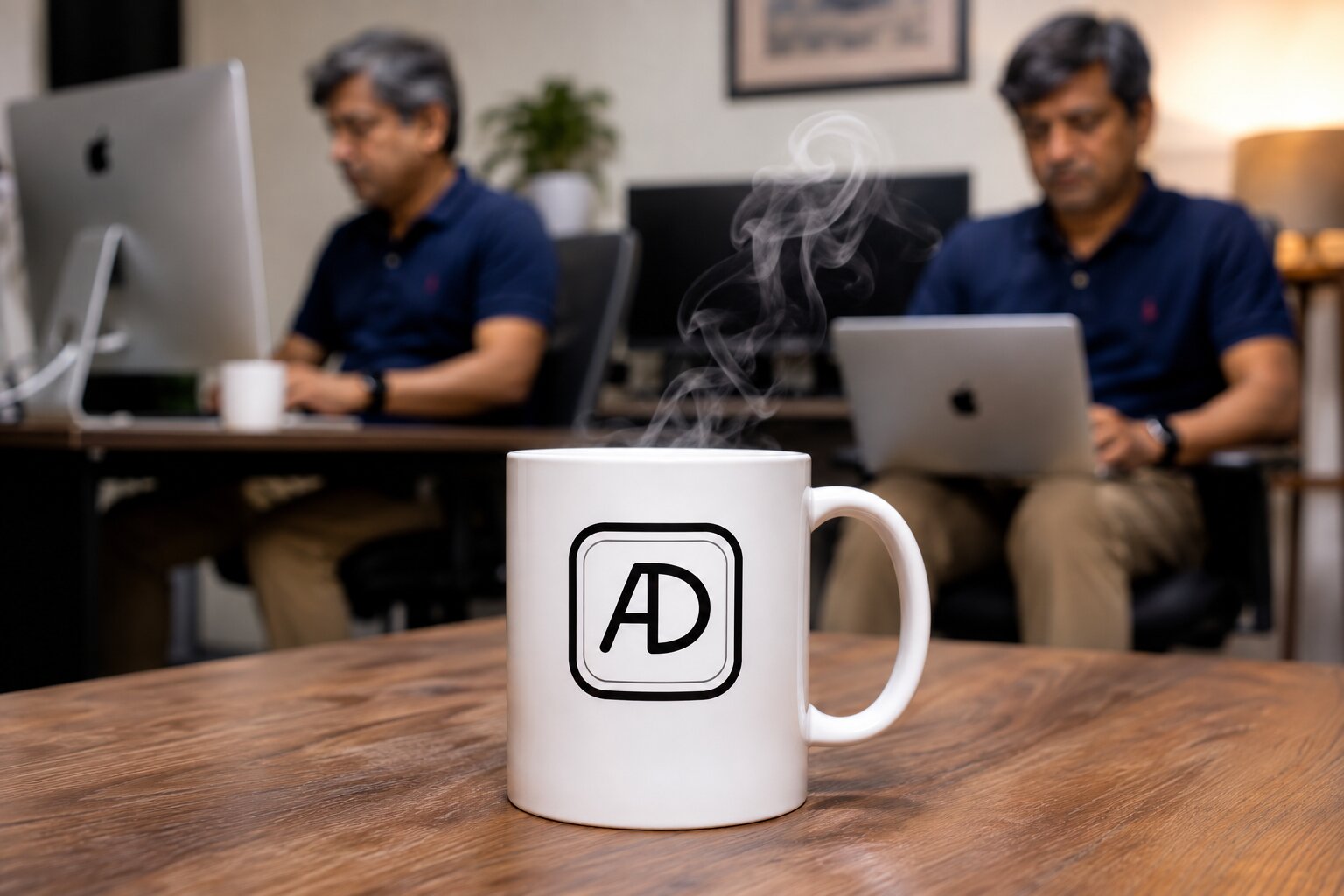 Wide view of an AD STEM Lab mug in the foreground. Two colleagues in blue polos work at a MacBook and an iMac behind it.